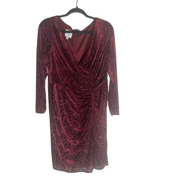 DB Studio Women's 18 Burgundy Velvet Ruched Midi Dress Long Sleeve Elegant - Picture 13 of 14